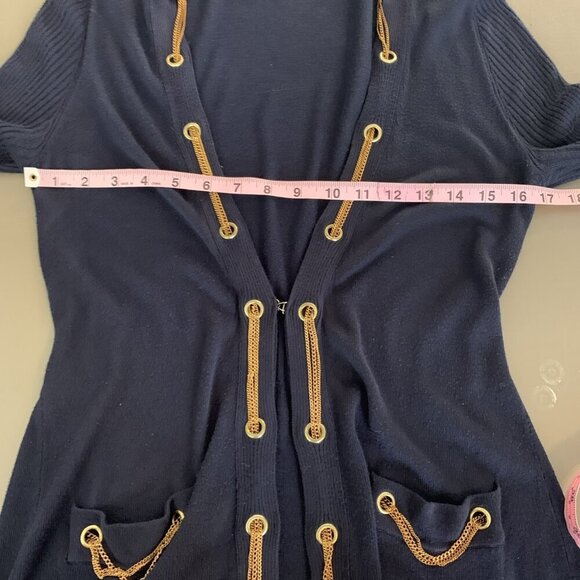 Cache Womens M Cardigan Sweater Navy Blue Gold Chain Nautical Quiet Luxury Knit - Picture 12 of 16